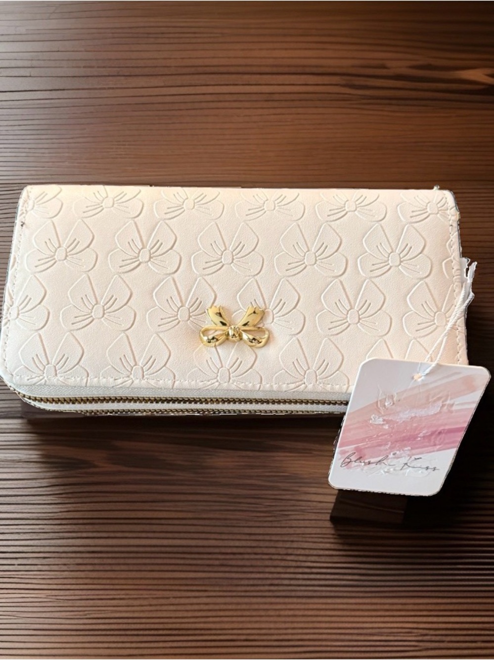 Blush Cream Embossed Zip Wallet with Gold Bow